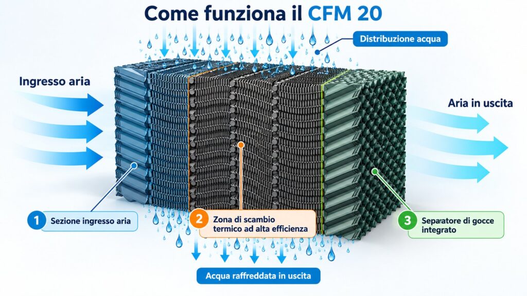 Schema di funzionamento del CFM 20: sezione ingresso aria, zona di scambio termico e separatore di gocce integrato
