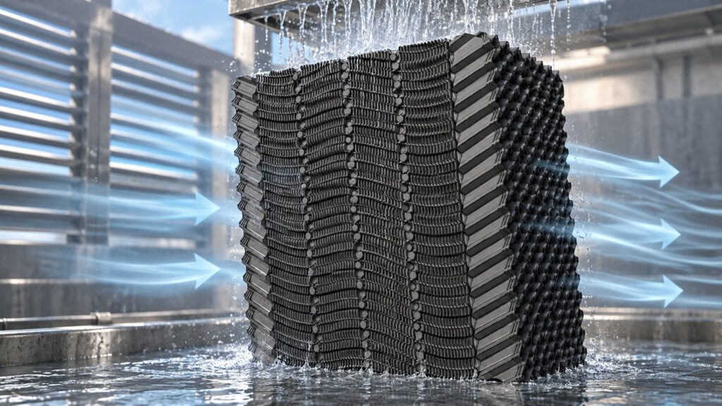 Pacco di scambio CFM 20 attraversato trasversalmente dal flusso d'aria mentre l'acqua scorre dall'alto