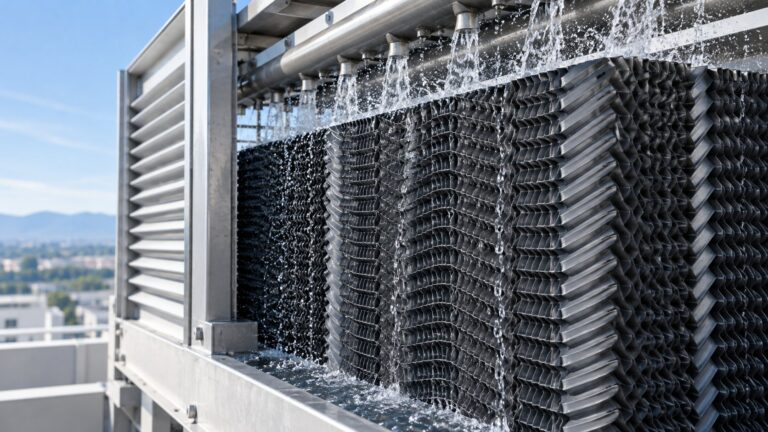 Riempimento CFM 20 in PVC installato in una torre evaporativa Cross Flow con acqua distribuita sul pacco